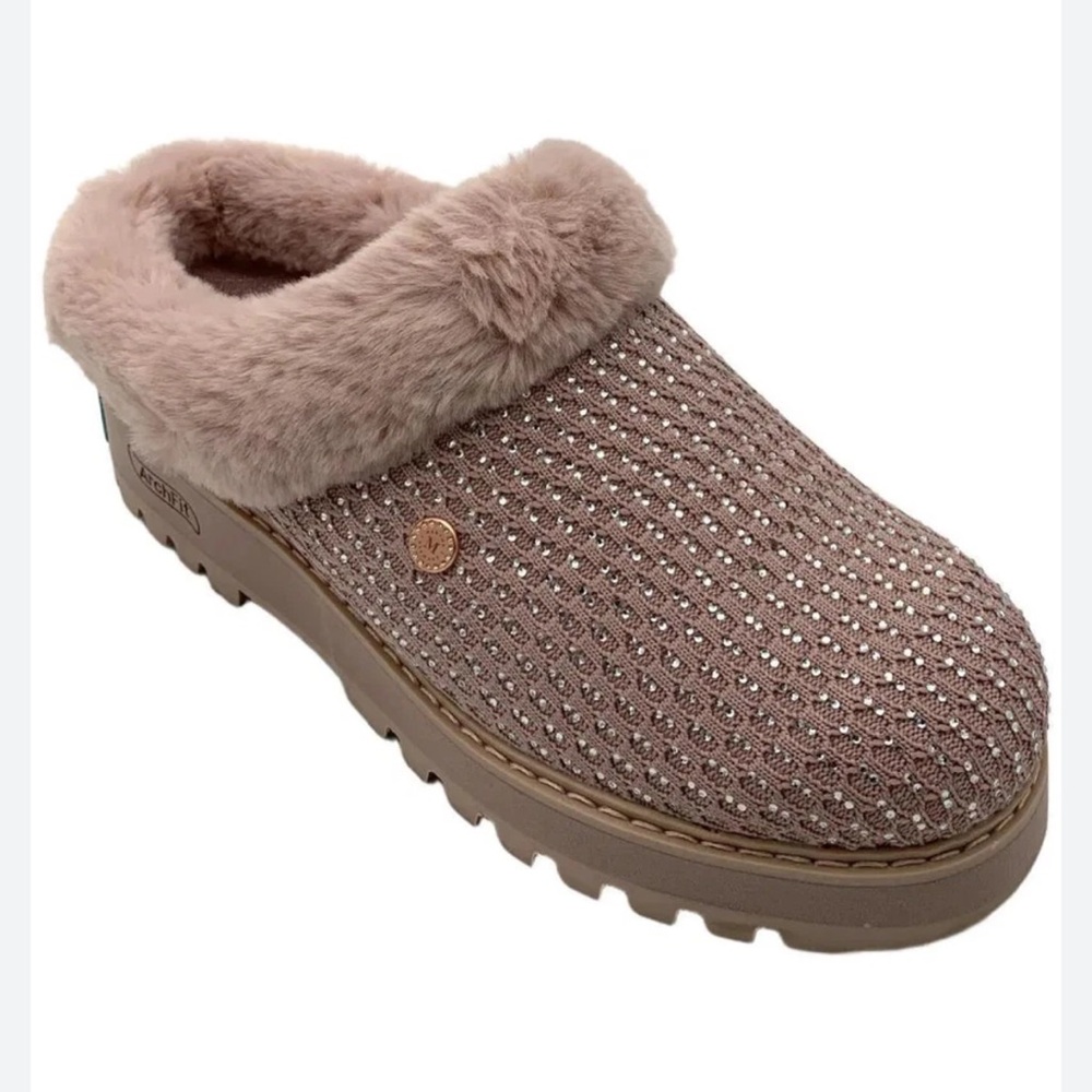 Skechers BOBS Arch Fit Icy Glitz Taupe slippers Faux Fur Trim Womens Size 7.5